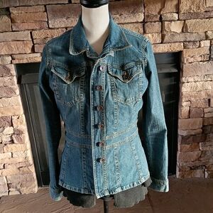Axcess Liz Claiborne Stretch Cotton Blend Peplum Fitted Jean Denim Jacket